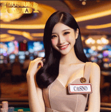 a woman is wearing a name tag that says casino