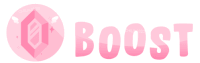 the word boost is displayed in pink letters on a white background