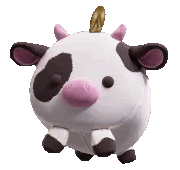 a stuffed cow with a coin on its head is standing on a white background .