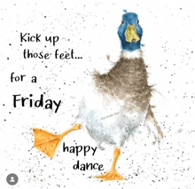 a duck is dancing with the words kick up those feet for a friday happy dance .