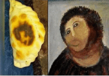 a close up of a piece of bread next to a painting of a man