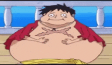 a very fat monkey d luffy from one piece is sitting on a wooden bench .