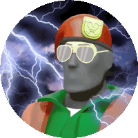 a man wearing sunglasses and a beret with a skull on it is surrounded by lightning