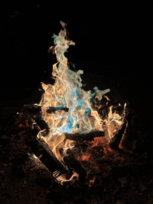 a fire with a blue flame in the middle of it