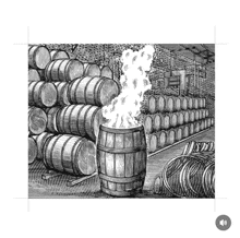 a black and white drawing of a warehouse filled with barrels