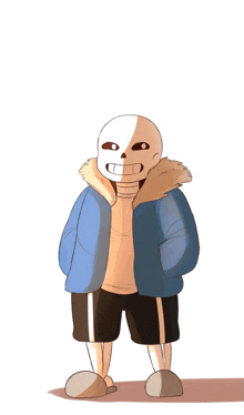 a drawing of a skeleton in a blue jacket