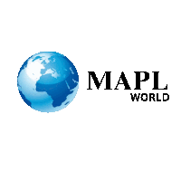 a mapl world logo with a blue globe in the middle