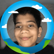 a boy is smiling in a blue circle with clouds in it