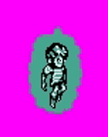 a pixel art of a skeleton walking on a pink background