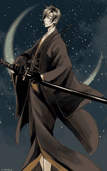 a drawing of a man in a kimono holding a sword with a starry sky in the background