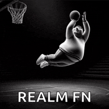 a black and white photo of a fat man jumping in the air with the words realm fn below it