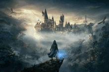 a wizard is standing on a cliff overlooking a castle in the clouds