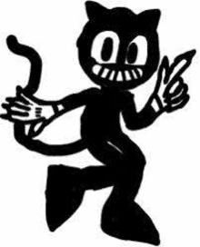 a black and white silhouette of a cartoon cat holding a stick and giving a peace sign .