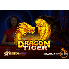 a woman sits at a table in front of a dragon tiger advertisement