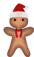 a gingerbread man wearing a santa hat and a scarf