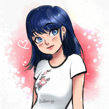 a drawing of a girl with blue hair and a white shirt that says kulakisu on it