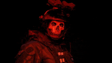 a soldier with a skull mask on his face is wearing a helmet in the dark .