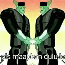 two cartoon characters shaking hands with the words " pls maapkan dulu le "