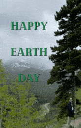 a happy earth day greeting card with a man standing under a tree