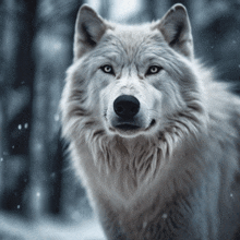 a close up of a white wolf 's face looking at the camera