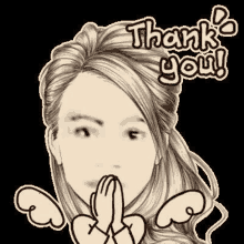 a black and white drawing of a woman with her hands folded in front of her face and the words `` thank you '' .