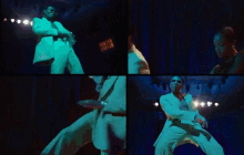 four images of a man in a white suit dancing on a stage