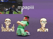 a cartoon character is kneeling down in front of two skeletons on a soccer field .