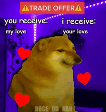 a picture of a dog with hearts around it and the words trade offer on it