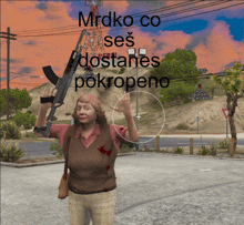 a woman holding a gun with the words mrdko co ses dostanes pokropeno