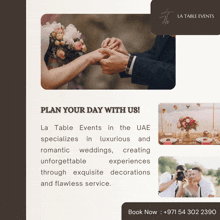 an ad for la table events shows a bride and groom getting married