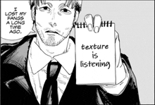 a man in a suit and tie holds a notepad that says texture is listening