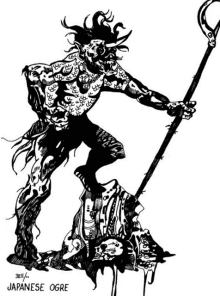 a black and white drawing of a japanese ogre with a spear