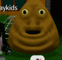 a potato with a face is standing in front of a sign that says " aykids "