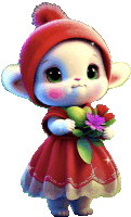 a cartoon character wearing a red hat and a red dress is holding flowers