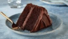 a piece of chocolate cake on a plate with a fork .