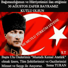 a picture of mustafa kemal ataturk with a red white and blue flag behind him