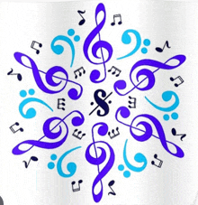 a circular pattern of music notes and treble clef on a white background