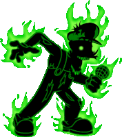 a silhouette of a cartoon character holding a microphone with green flames around him .