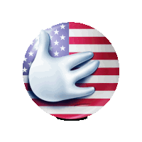 a cartoon hand giving a thumbs up with an american flag in the background