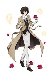 a man in a tan coat is holding a rose in his hand