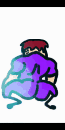 a cartoon drawing of a man in a purple shirt and shorts