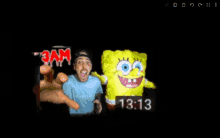 a spongebob and a man are standing next to each other on a black background