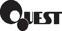 a black and white logo for quest with a circle in the middle