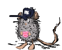 a mouse wearing a ny hat is holding a heart that says bite me