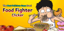 a cartoon of a man eating noodles with chopsticks and the words " the most delicious game ever " above him