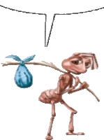 a cartoon ant is carrying a blue bag on a stick