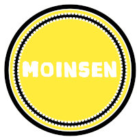 a yellow circle with the word moinsen in white