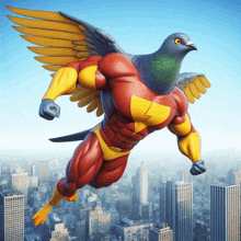 a pigeon in a red and yellow superhero costume flies over a city