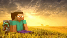 a minecraft character is sitting in a field with a backpack and a diamond pickaxe .