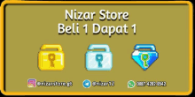 an advertisement for nizar store with three icons